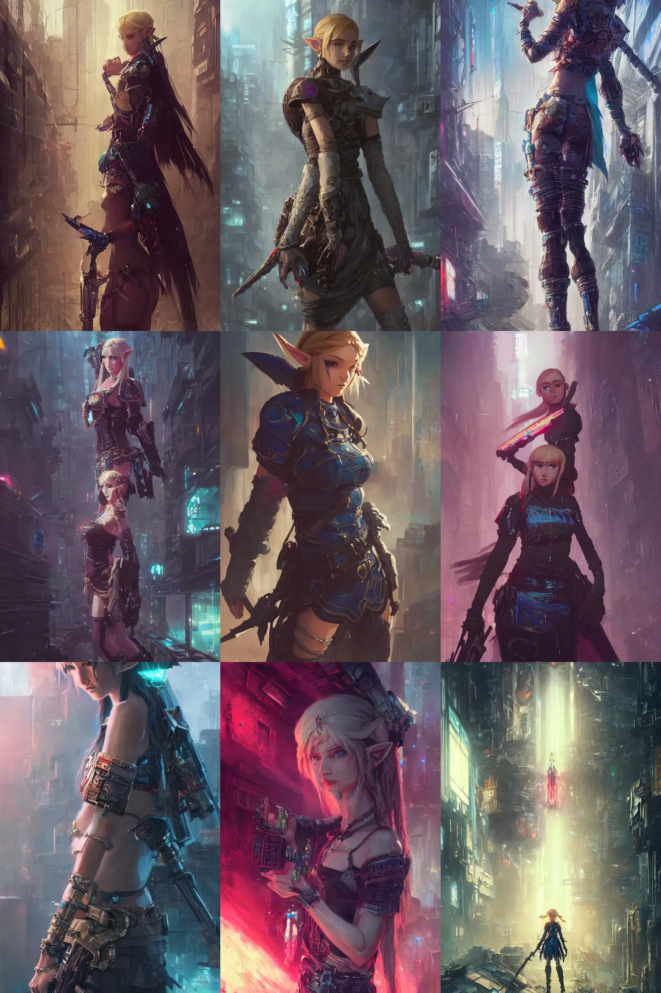 Prompt: Detailed masterpiece concept art of Cyberpunk Princess Zelda in a gritty world hyperdetailed concept art by Ross Tran and Greg Rutkowski, high quality DnD illustration, trending on ArtStation, all rights reserved Wizards of the Coast. Film grain