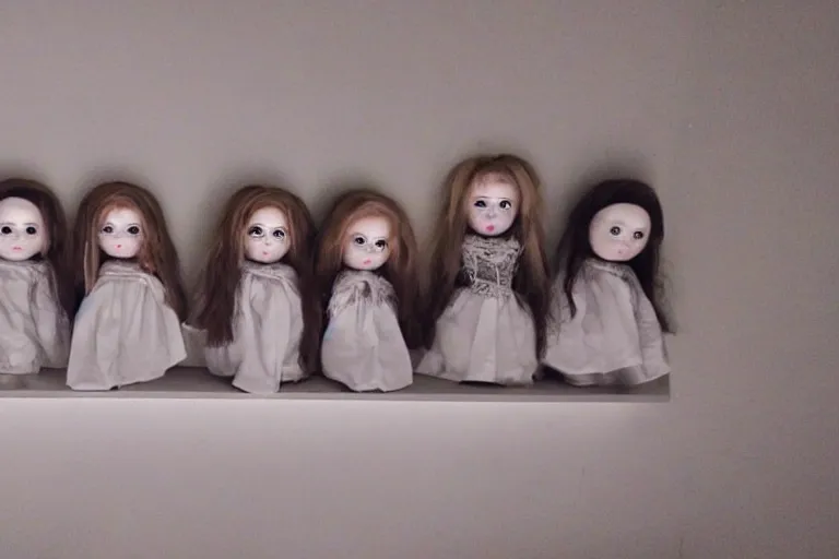 Prompt: < photo quality = scary > shelf of demonic porcelain dolls judging you for being awake so late < / photo >