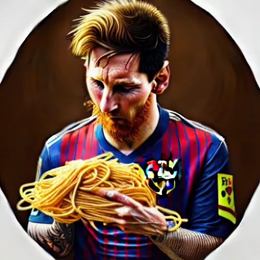 Image similar to Messi eating spaghetti, upclose, D&D, fantasy, intricate, elegant, highly detailed, digital painting, artstation, concept art, matte, sharp focus, illustration, art by Artgerm and Greg Rutkowski and Alphonse Mucha