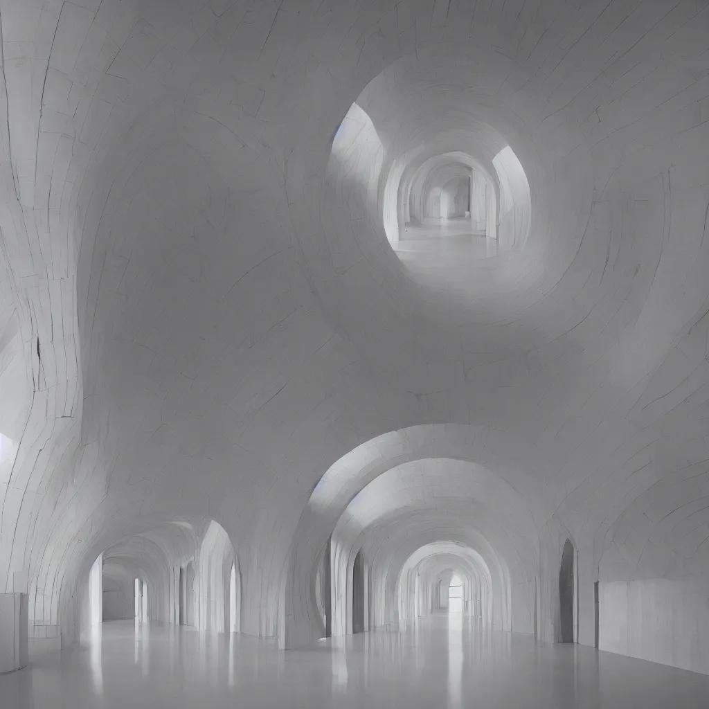 Prompt: photograph of a symmetrical arch hallway, shiny floor, concrete, pastel hues, minimalist, architecture magazine, dezeen, 50mm, pentax, film