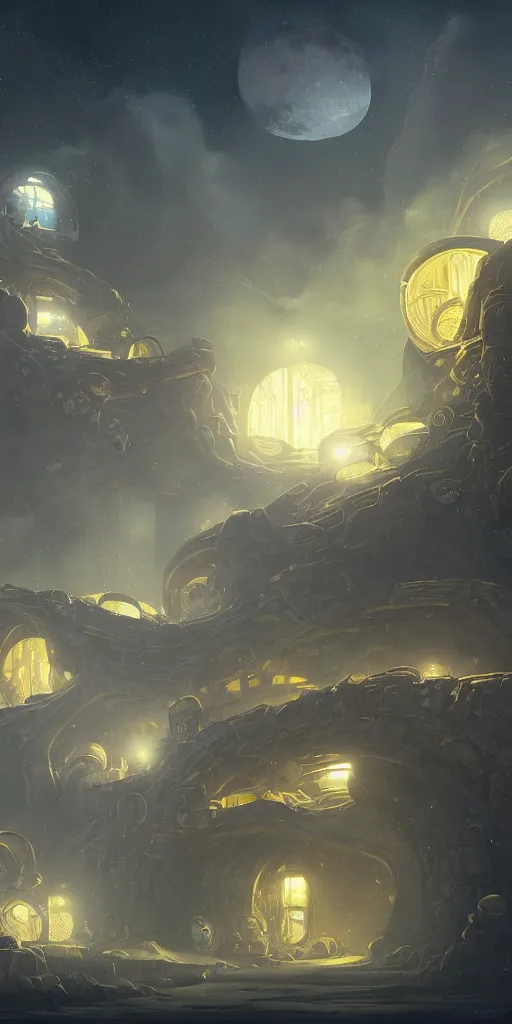 Prompt: Detailed exterior of the enemy moon base, yellow swirling dust planet, stunning atmosphere, in Style of Peter Mohrbacher, cinematic lighting