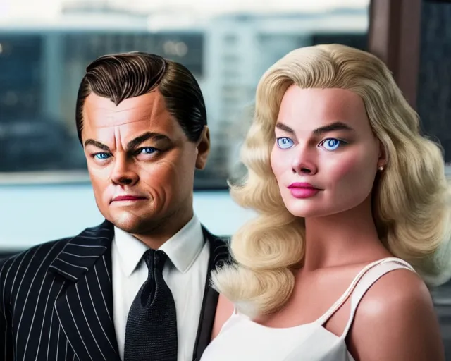 Image similar to leonardo dicaprio as the wolf of wall street next to margot robbie as naomi from the wolf of wall street, hyper realistic faces, hyper realistic eyes, cinematic, long shot, hyper detailed, 8 5 mm photograph, 8 k resolution, film still, sharp lens, wide lens