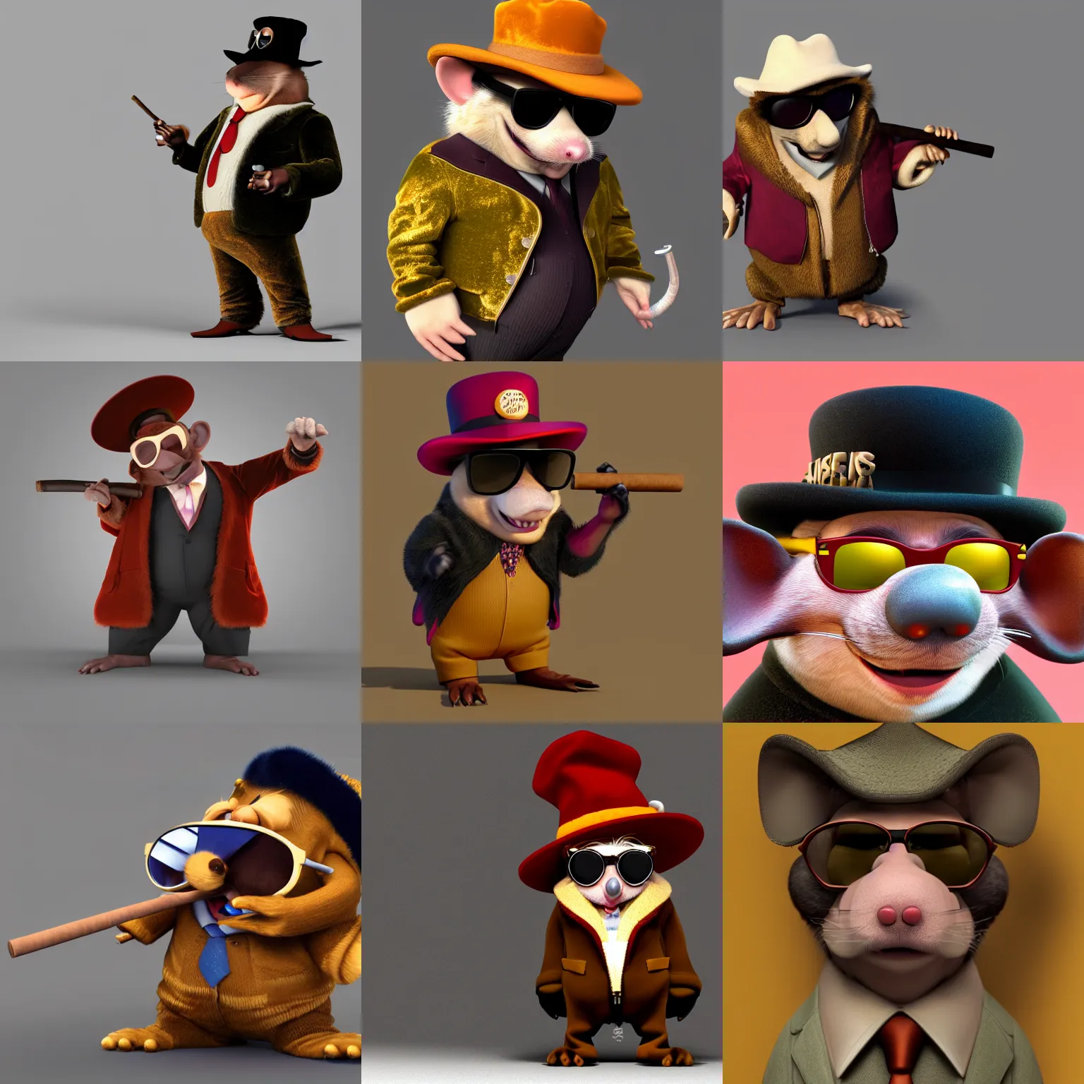 Prompt: anthropomorphic gangster rat wearing a velvet fur coat, wearing sunglasses and a hat, slightly chubby, cigar, long fur, rat, detailed, 3d render, 4k, pixar