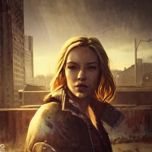 Image similar to fallout 5, charismatic beautiful rugged blonde female protagonist, portrait, outdoors ruined cityscape, atmospheric lighting, painted, intricate, volumetric lighting, beautiful, daytime, slight overcast weather, sharp focus, deep colours, ultra detailed, by leesha hannigan, ross tran, thierry doizon, kai carpenter, ignacio fernandez rios