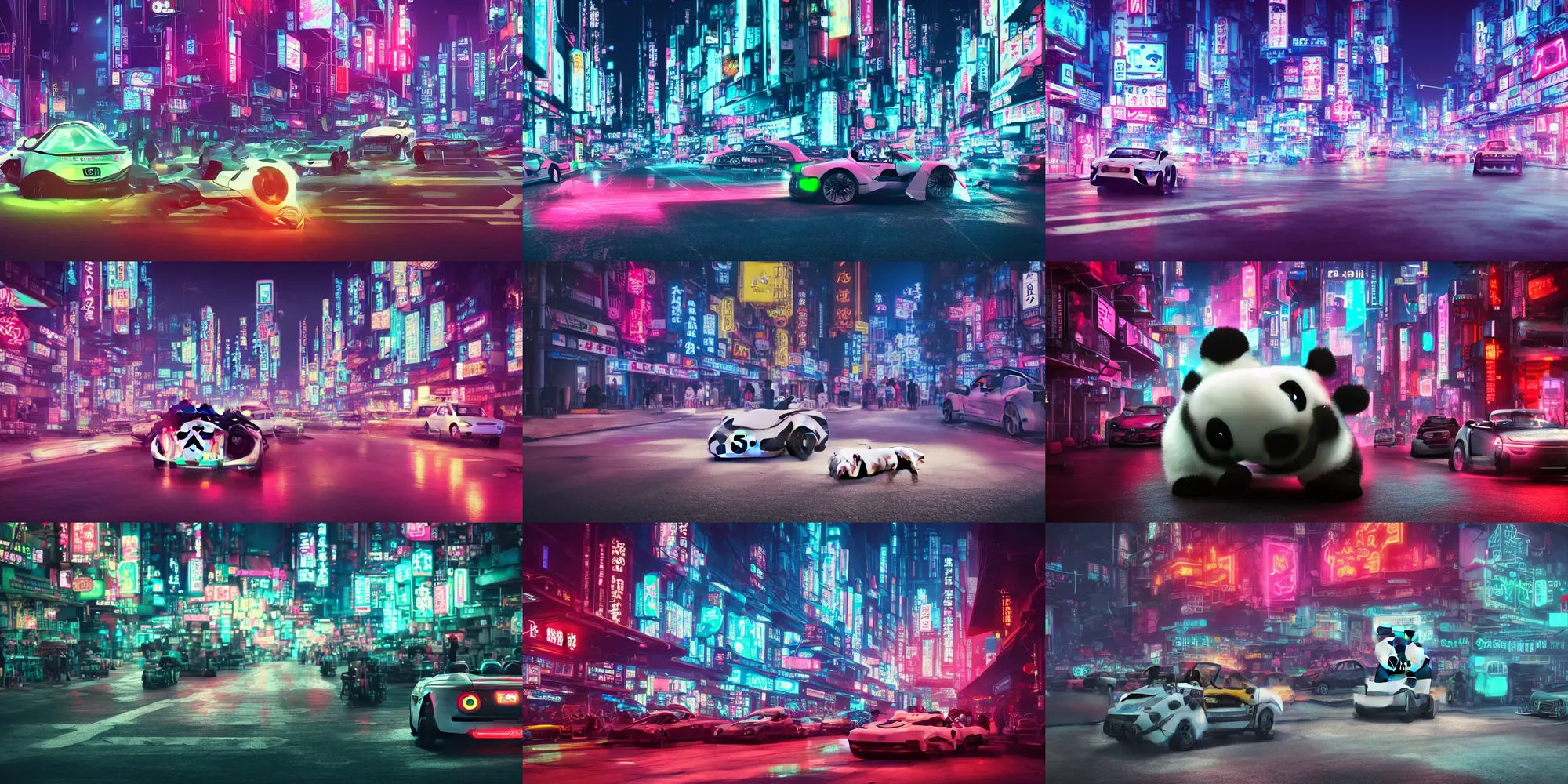 Prompt: a city of pandas, where there is a cute panda wearing sunglasses and driving a roadster made of white fur in the street, Cyberpunk, neon light, 4k, hd, highly detailed