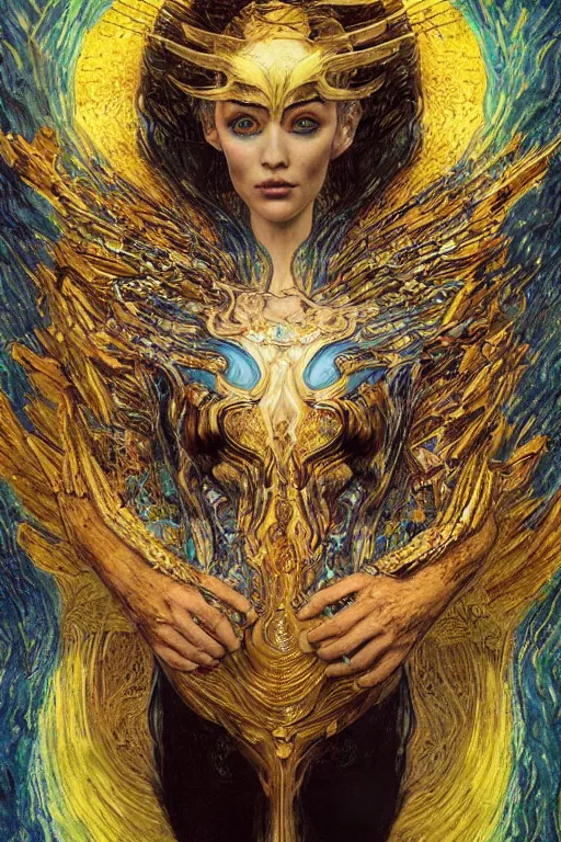 Image similar to Intermittent Chance of Chaos Muse by Karol Bak, Jean Deville, Gustav Klimt, and Vincent Van Gogh, trickster goddess, enigma, Loki's Pet Project, destiny, Poe's Angel, fate, Surreality, inspiration, muse, otherworldly, fractal structures, arcane, ornate gilded medieval icon, third eye, spirals