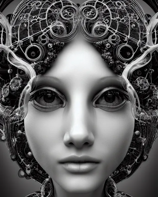 Image similar to mythical dreamy black and white organic bio-mechanical spinal ribbed profile face portrait detail of translucent steampunk beautiful female angelic-human-queen-vegetal-cyborg, highly detailed, intricate crystal jelly ornate, poetic, 3D render, digital art, octane render, 8K artistic photography, photo-realistic, by Dora Maar