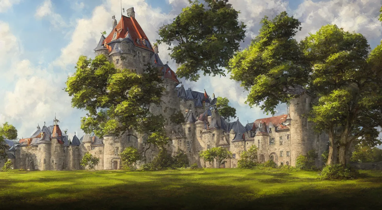 Image similar to a landscape painting of a French castle, with a garden, in the style of anime, trending on artstation