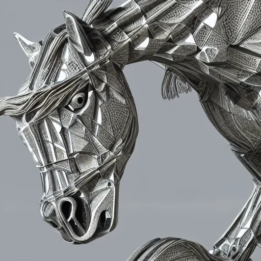 Image similar to biomechanical horse made of marble and crystal, fractal 3 d structure, intricate details, octane render, soft lighting