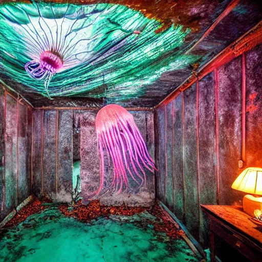 Image similar to abandoned cottage interior filled with iridescent jellyfish swarming lush coral