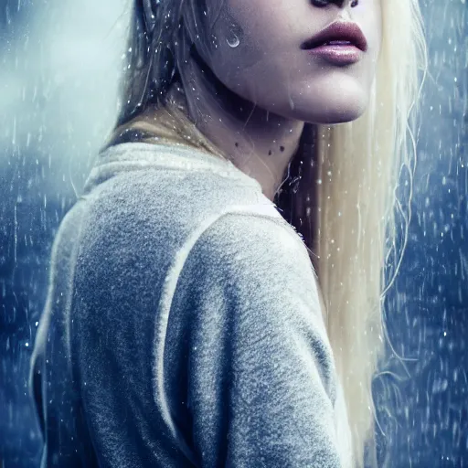 Prompt: a beautiful blond girl with human face and cybernetic body, standing on top of a pile of sculls, pretty face, perfect face, fine details, heavy rain, 8 k, shallow depth of field, moody lighting, cinematic lighting,