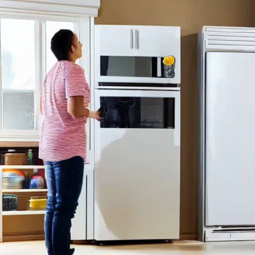 Image similar to obese landlords inspecting tenant refrigerator at night, surveillance camera