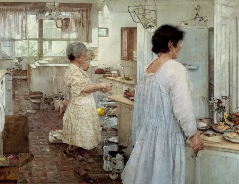 Prompt: grandmother cooking in a kitchen in country house, back view, cottage core, cinematic focus, polaroid photo bleached vintage pastel colors high - key lighting, soft lights, foggy, by steve hanks, by lisa yuskavage, by serov valentin, by tarkovsky, 8 k render, detailed, oil on canvas