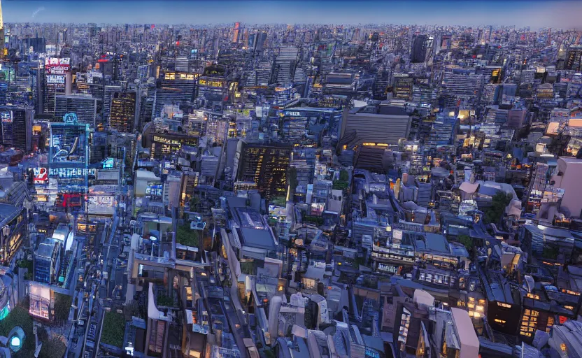 Image similar to unreal engine global illumination render of tokyo city from a rooftop view, sunset lighting, hyper realism, realistic shading, cinematic composition, blender render, octane render, hdr, detailed textures, photorealistic, ultrawide shot, 1 6 mm lens