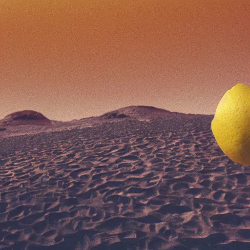Prompt: a lemon wearing a spacesuit and sunglasses in mars, autochrome photograph, atmospheric, 4K, trending on artstation