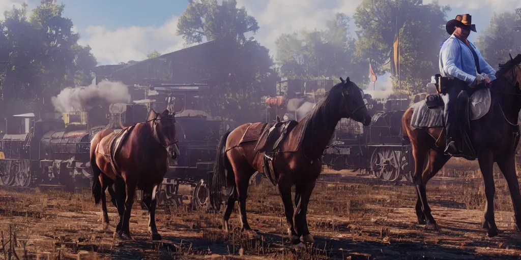 Image similar to Donald Trump from Red Dead Redemption 2 riding a horse next to a train, wide shot, ray tracing, 8k by artgerm and greg rutkowski