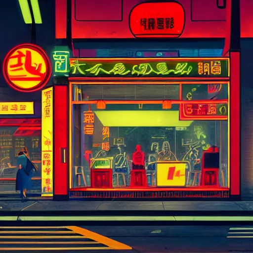 Image similar to cyberpunk street corner at night with neon signs in chinese, a McDonald's restaurant, people walking the street in the style of Edward Hopper