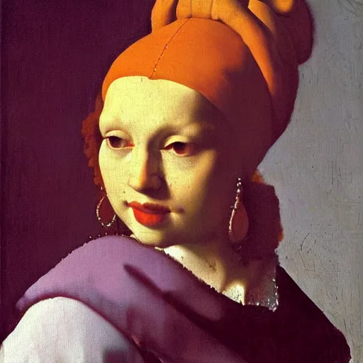 Prompt: an orange cat by jan vermeer, oil painting ， a pearl necklace, byhighly detailed ， headshot, 8 k