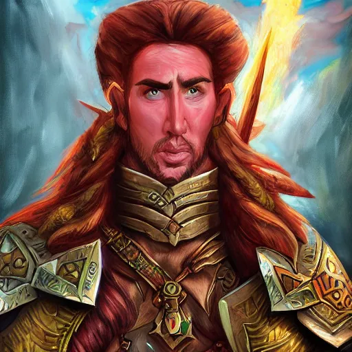 Image similar to elf warrior with the face of nick cage, d & d style, trending on artstation, colorful, intricate, art by kev chan