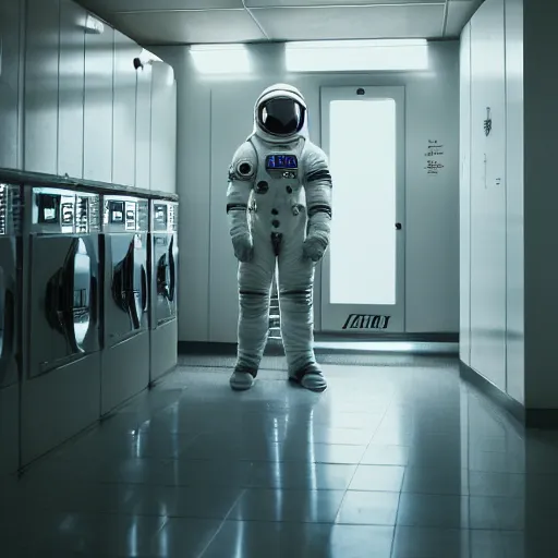 Image similar to a beautiful photo of an astronaut waiting in a laundromat, soft light, morning light, photorealistic, realistic, octane, 8k, cinematic shot