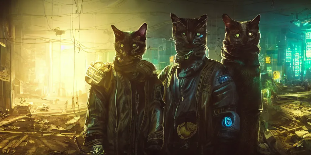 Image similar to cyberpunk cat and normal cat, brothers, fallout 5, studio lighting, deep colors, apocalyptic setting