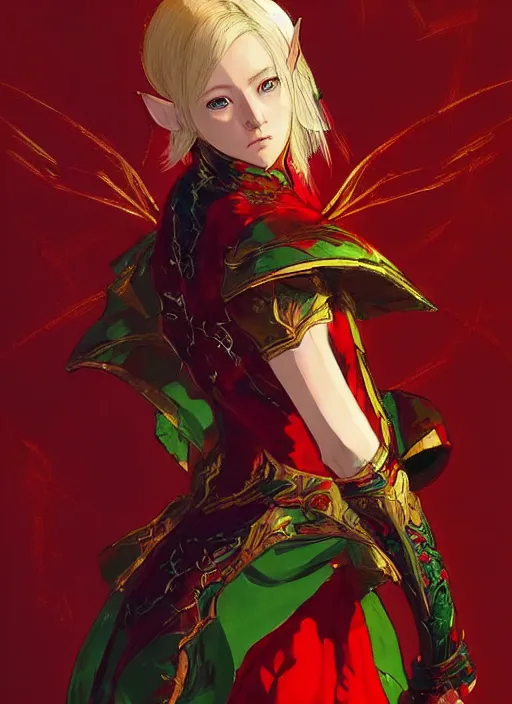 Image similar to Full body portrait of a beautiful young blonde short haired elven princess wearing red, green and gold priest robe. In style of Yoji Shinkawa and Hyung-tae Kim, trending on ArtStation, dark fantasy, great composition, concept art, highly detailed.