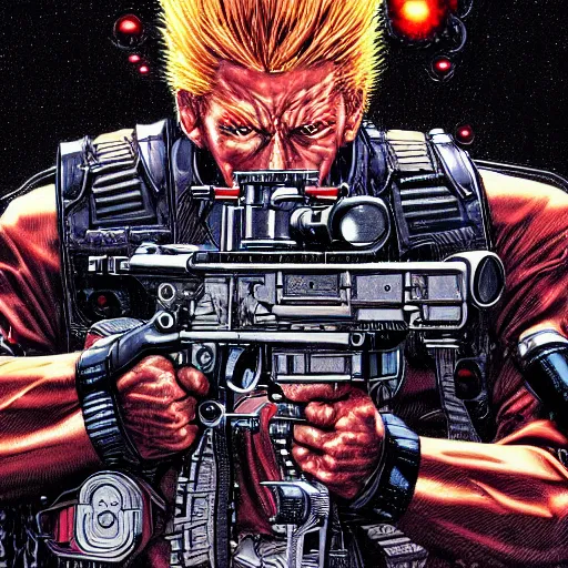 Prompt: portrait closeup of crazy terminator firing guns, symmetrical, cinematic colors, by yoichi hatakenaka, masamune shirow, josan gonzales and dan mumford, ayami kojima, takato yamamoto, barclay shaw, karol bak, yukito kishiro