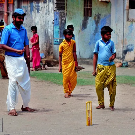 Image similar to four tamil friends playing a game of cricket, on an indian street, award winning picture, national geographic, photo realistic