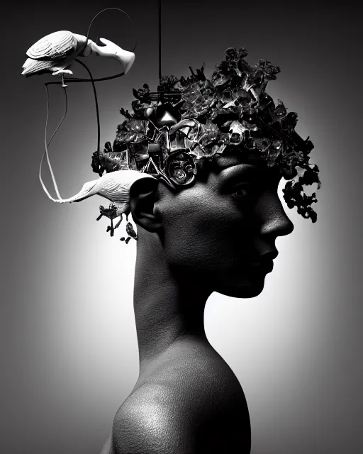 Prompt: surreal mythical dreamy dark artistic black and white fine art photo of a monumental sculpture of a cyborg female with orchid - bird head and a luminous brain, rim light, cinematic, studio dramatic light, poetic, octane render, 8 k, photo - realistic
