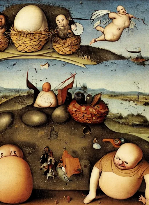 Image similar to tenacious d as eggs. real round humpty dumpty boys, realistic, by hieronymus bosch and pieter brueghel