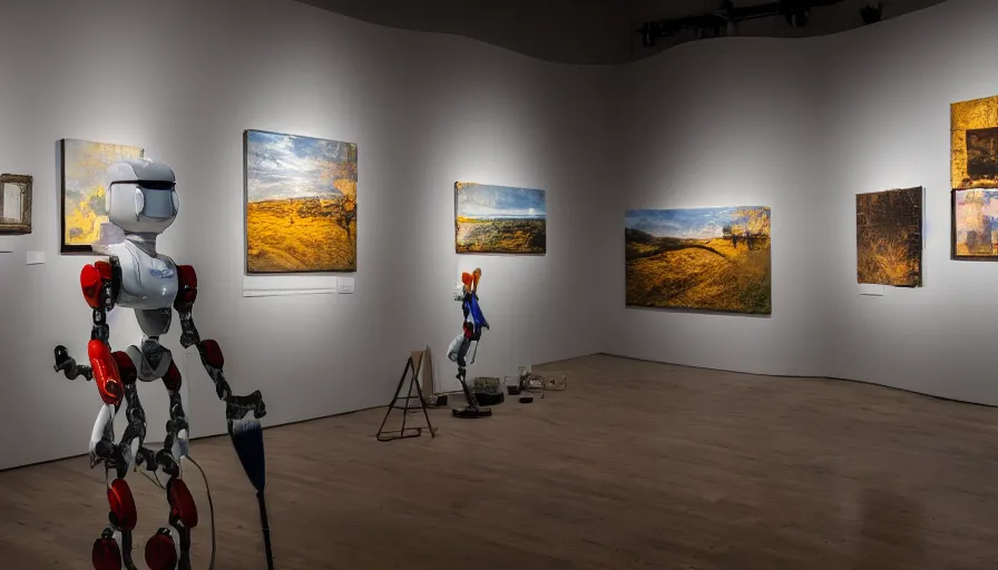 Prompt: photo of robots in a gallery holding paintbrushes against photos of natural landscapes, dramatic lighting, 4 k