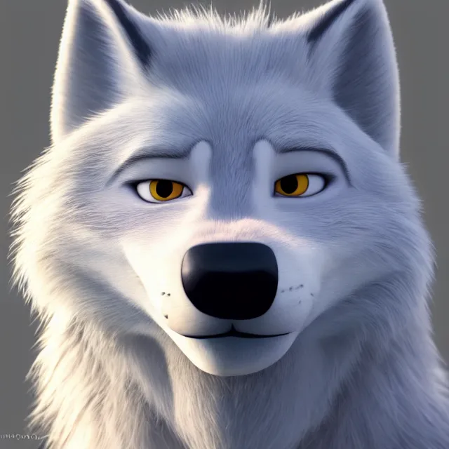 Image similar to portrait headshot of a handsome male white wolf in the style of zootopia, disney, volumetric lighting, subsurface scattering, photorealistic, octane render, random artists