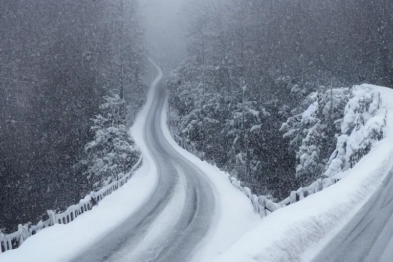 Prompt: a dangerous winding road route on an icy snowy cliff, blizzard, photo