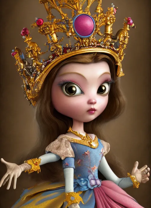 Prompt: highly detailed closeup, profile portrait of a tin toy fairytale princess wearing a crown, unreal engine, nicoletta ceccoli, mark ryden, earl norem, lostfish, global illumination, detailed and intricate environment