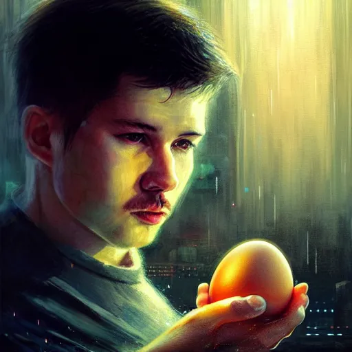 Image similar to minecraft steve holding egg, hyperrealistic portrait, bladerunner street, by karol bak and agnes cecile, fantasy art, photo realistic, dynamic lighting, artstation, poster, volumetric lighting, very detailed face, 8 k, award winning