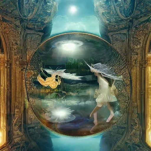 Image similar to Alchemists dream with magical reflections of knowledge lost in time ultra high quality surrealism