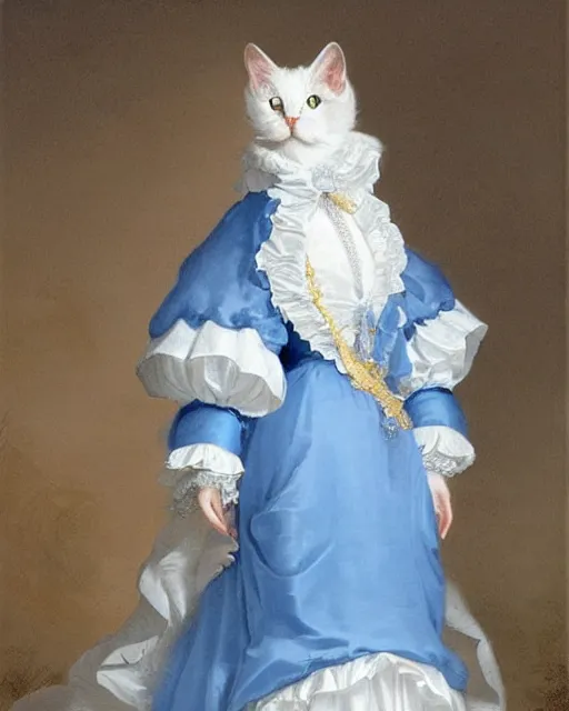 Image similar to cute white cat with blue eyes wearing a frilly blue silk dress, baroque rococo fashion, joseph ducreux, greg rutkowski, royal portrait, luxurious, opulent, regal