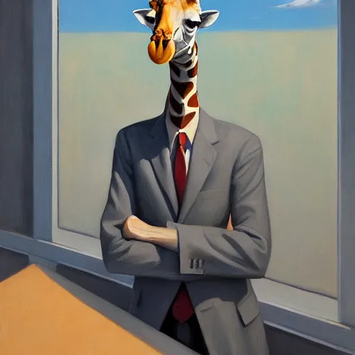 Prompt: Portrait of mr. Giraffe wearing a business suit , very coherent, painted by Edward Hopper, Wayne Barlowe, painted by James Gilleard, airbrush, art by JamesJean