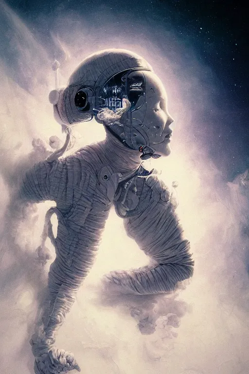 Prompt: close up shot of a full body floating woman in space suit smoke elemental fading into white smoke, high contrast, james gurney, peter mohrbacher, mike mignola, black paper, mandelbulb fractal, trending on artstation, exquisite detail perfect, large brush strokes, bold blacks and pinks and blues tones, intricate ink illustration, black background