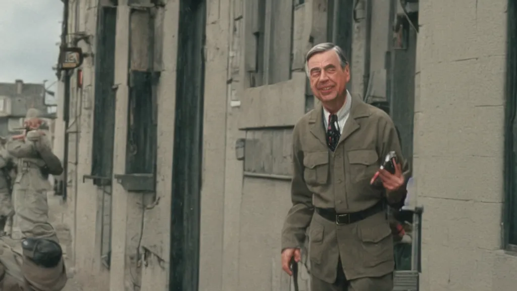 Image similar to still image of mr rogers on saving private ryan, cinematic, anamorphic, dramatic, 4 0 mm f / 2. 8