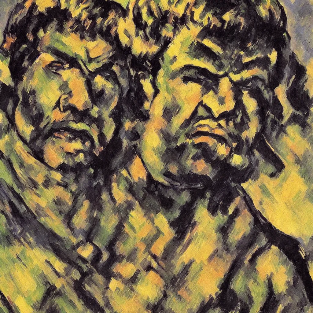 Prompt: a painting of a closeup headshot of The Hulk by Paul Cézanne.