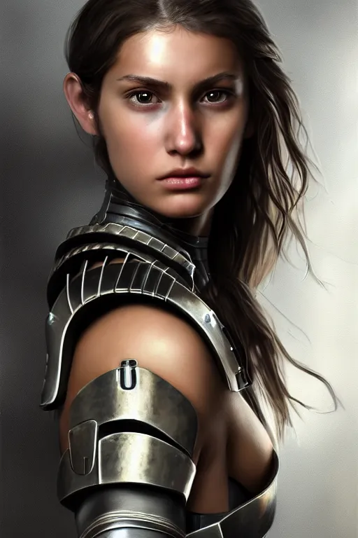 Image similar to a photorealistic painting of an attractive young girl, partially clothed in metal-plated battle armor, wielding a plasma rifle, dirty olive skin, long dark hair, beautiful bone structure, perfectly symmetrical face, perfect eyes, intricate, elegant, digital painting, concept art, illustration, sharp focus, minimal artifacts, volumetric lighting, from Metal Gear, in the style of Ruan Jia and Mandy Jurgens and Greg Rutkowski, trending on Artstation, award winning