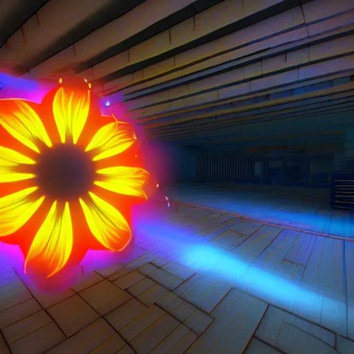 Image similar to glowing flower blooming at twilight, glow, wide-angle lens,, glowing neon, unreal engine, cinema 4d, cryengine