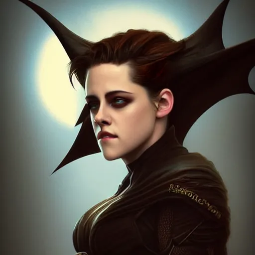 Image similar to Beautiful Kristen Stewart as Bat Girl, western, D&D, fantasy, intricate, elegant, highly detailed, digital painting, artstation, concept art, matte, sharp focus, illustration, art by Artgerm and Greg Rutkowski and Alphonse Mucha