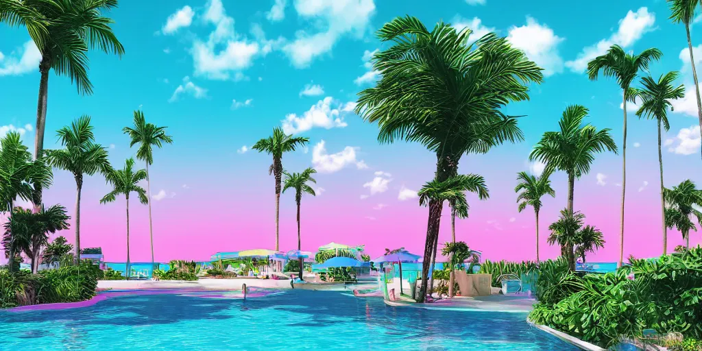 Image similar to artgem, hyperrealistic surreal virtual world of a florida keys resort with palm trees around a pool, a surreal vaporwave liminal space, pink sky, strange colors, unsettling vibe, minimalist architecture, metaverse, calming, meditative, dreamscape