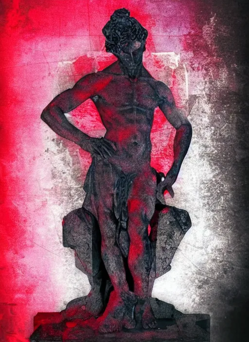 Prompt: dark design poster showing a beautiful greco roman statue, black background with very subtle red and purple design elements, powerful, nekro, vito acconci, thin straight lines, dark, glitch art, neo vaporwave, gritty, layout frame, square, trending on artstation