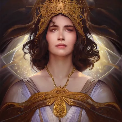Image similar to beautiful celestial mage, sparkling eyes, stars in her eyes, shining eyes, grinning, elegant, enticing, sharp features, brown flowing hair, traditional roman armor, highly detailed, digital painting, artstation, concept art, smooth, sharp focus, beautiful face, expressive eyes, illustration, art by Artgerm and greg rutkowski and alphonse mucha