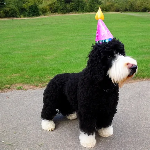 Image similar to black 8 year old bernadoodle with a white chest wearing a birthday hat