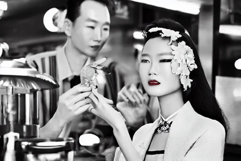 Prompt: movie interior closeup beautiful Chinese fashion model couple teams closeup joking at 50s diner, night in the city, beautiful skin, by Emmanuel Lubezki