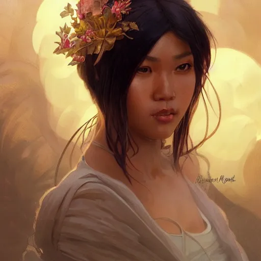 Image similar to a Filipina woman, portrait, highly detailed, digital painting, artstation, concept art, sharp focus, illustration, cinematic lighting, art by artgerm and greg rutkowski and alphonse mucha